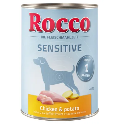 Rocco Die Fleischmahlzeit Sensitive, Single 1 Protein, Chicken & potato, Huhn & Kartoffel, 400 g. Dåse med billede af hund, kyllingestykker og kartoffelskiver.