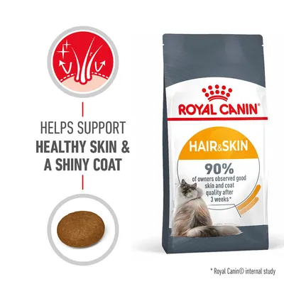Product image showing Royal Canin Hair & Skin food, claims to help support healthy skin and a shiny coat. States 90% of owners observed good skin and coat quality after 3 weeks.