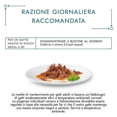 Razione giornaliera raccomandata: per un gatto adulto di stazza media 4 kg, somministrare 4 bustine al giorno suddivise in almeno 2-3 pasti separati. Servire a temperatura ambiente.