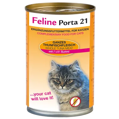 Feline Porta 21 kattemad dåse, tekst: Ergänzungsfuttermittel für Katzen, Ganzes Thunfischfleisch mit Surimi, Complementary food for cats, Whole tuna meat, your cat will love it!