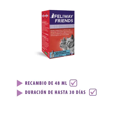 FELIWAY FRIENDS recarga para difusor, 48 ml, duração até 30 dias. Texto em espanhol: recambio de 48 ml, duración de hasta 30 días. Embalagem mostra dois gatos.