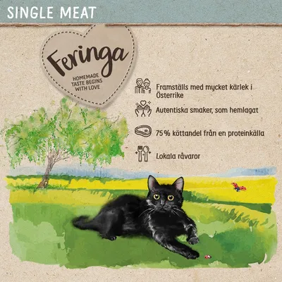 Feringa. Framställs med mycket kärlek i Österrike, autentiska smaker som hemlagat, 75 % köttandel från en proteinkälla, lokala råvaror. Text på engelska: Homemade taste begins with love.