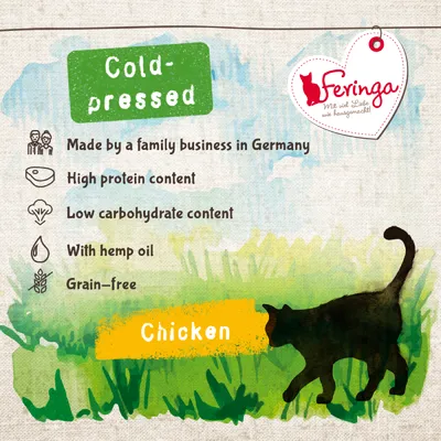 Cold-pressed, made by a family business in Germany, high protein, low carbohydrate, with hemp oil, grain-free, chicken.