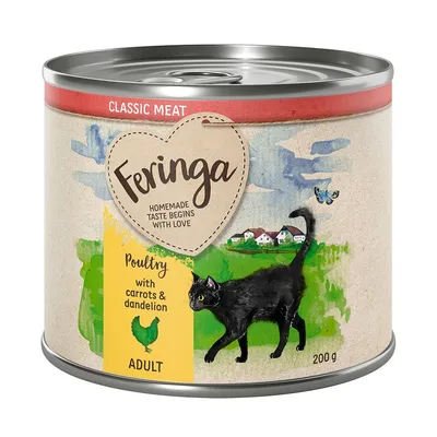 Feringa Classic Meat, Poultry with carrots & dandelion, ADULT, 200 g. Immagine di una lattina con un gatto nero e paesaggio illustrato sull'etichetta.