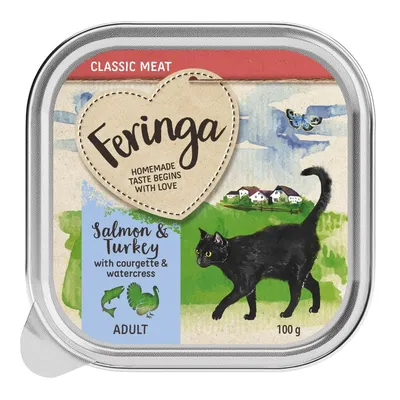 Feringa Classic Meat, Salmon & Turkey with courgette & watercress, ADULT, 100 g. Immagine di confezione con gatto nero e paesaggio rurale. Testo in inglese.