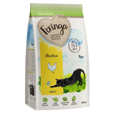 Feringa Trockenfutter für Katzen, Sorte Chicken, 75% Fleischanteil, getreidefrei, kaltgepresst, mit Fischöl, hohe Proteinwerte, 400g Packung.