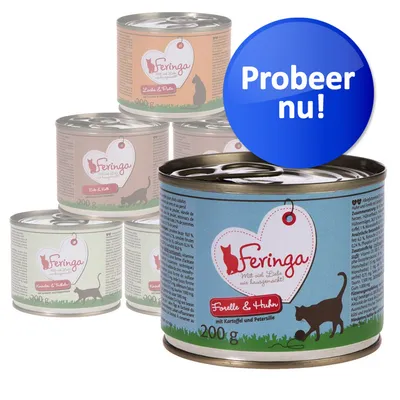 Feringa kattenvoer blik 200 g, variant Forelle & Huhn, met tekstballon 'Probeer nu!'. Andere Feringa varianten op de achtergrond zichtbaar.