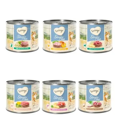 6 boîtes Feringa Single Meat pour chat, différentes variétés visibles : lapin, poulet, agneau, dinde, bœuf, canard. Étiquettes en anglais, poids 200 g indiqué sur chaque boîte.
