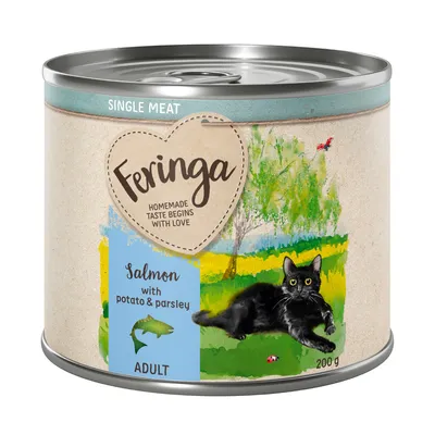 Feringa Single Meat Adult Katzenfutter, Sorte Lachs mit Kartoffel und Petersilie, 200g Dose. Text: Homemade taste begins with love.