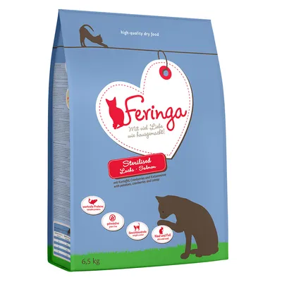 Feringa Sterilised суха храна с сьомга, картофи, червени боровинки и котешка мента. Предимства: ценни протеини, без зърнени храни, контрол на теглото, кожа и козина. Опаковка: 6,5 кг.