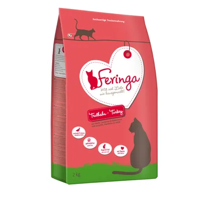 Опаковка суха храна за котки Feringa, Turkey, 2 кг. Видими текстове: getreidefrei, Haut & Fell, mit Taurin, hochwertige Proteine, mit Kürbis, Cranberries & Katzenminze.