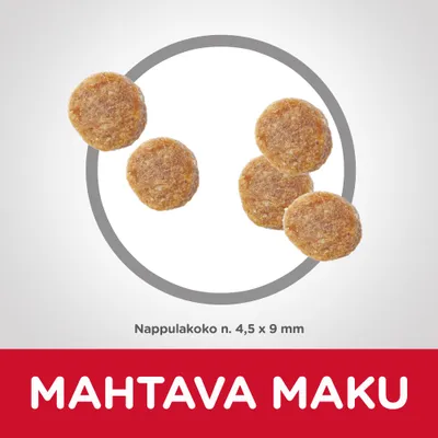 Nappulakoko noin 4,5 × 9 mm. Teksti: MAHTAVA MAKU.