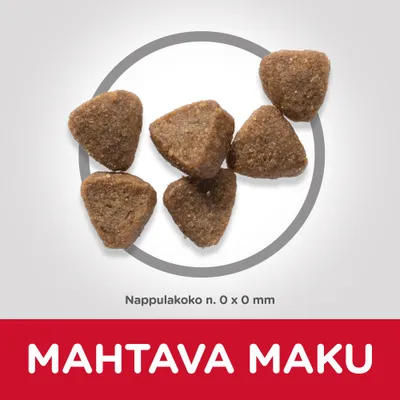 Kolmionmuotoisia nappuloita, teksti: Nappulakoko n. 0 x 0 mm. Alareunassa punaisella pohjalla valkoinen teksti: MAHTAVA MAKU.