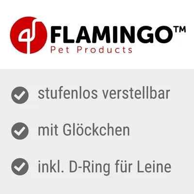 Flamingo Pet Products. Portaattomasti säädettävä, kellolla, sisältää D-renkaan talutushihnaa varten.