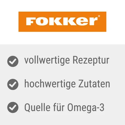 Fokker. Vollwertige Rezeptur, hochwertige Zutaten, Quelle für Omega-3.