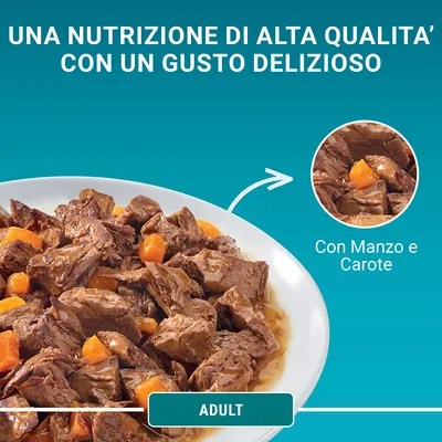 Piatto di bocconcini con manzo e carote in salsa, testo: 'Una nutrizione di alta qualità con un gusto delizioso', 'Con Manzo e Carote', etichetta 'ADULT'.