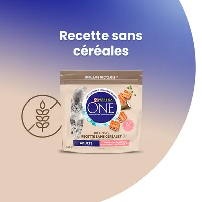 Purina ONE Bifensis Recette sans céréales pour chat adulte, emballage recyclable 1,1 kg, élaboré avec du saumon sélectionné ingrédient n°1. Texte : Recette sans céréales.