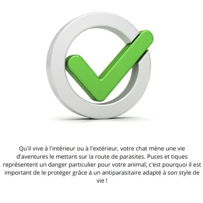 Texte : Qu'il vive à l'intérieur ou à l'extérieur, votre chat mène une vie d'aventures le mettant sur la route de parasites. Puces et tiques représentent un danger particulier pour votre animal.