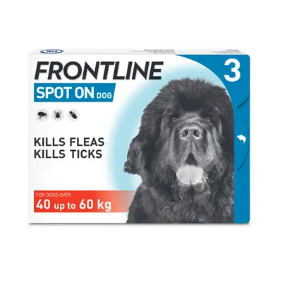 Frontline Spot On for dogs over 40 to 60 kg, kills fleas and ticks. Pack shows icons of flea, tick, louse and states quantity as 3.
