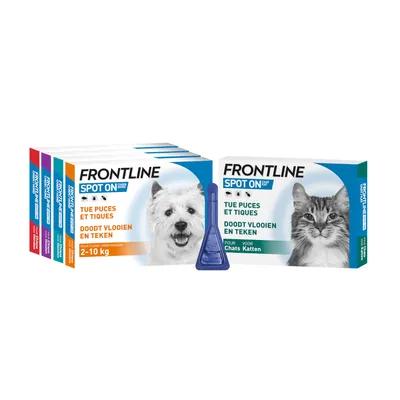 Frontline Spot On pour chats, tue les puces et les tiques. Emballage avec pipette visible. Frontline Spot On pour chats, tue les puces et les tiques. Emballage avec pipette visible.