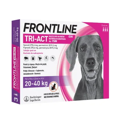 Opakowanie FRONTLINE TRI-ACT dla psów 20–40 kg, 3 x 4 ml. Fipronil 270,4 mg, permetryna 2019,2 mg. Nie stosować u kotów. Boehringer Ingelheim. Widoczne piktogramy pasożytów.