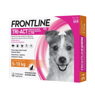 Frontline TRI-ACT roztwór do nakrapiania dla psów 5–10 kg, 3 x 1 ml. Fipronil 67,6 mg, permetryna 504,8 mg. Nie stosować u kotów. Boehringer Ingelheim.