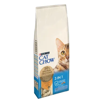 Purina Cat Chow, 50% animal proteins, 3 in 1, z indykiem, z naturalnym prebiotykiem. Widoczny wizerunek kota na opakowaniu.