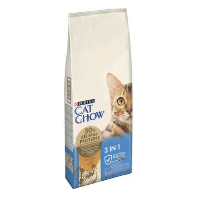 Purina Cat Chow, 50% animal proteins, 3 in 1, with natural prebiotic, con tacchino. Immagine di un gatto sulla confezione.
