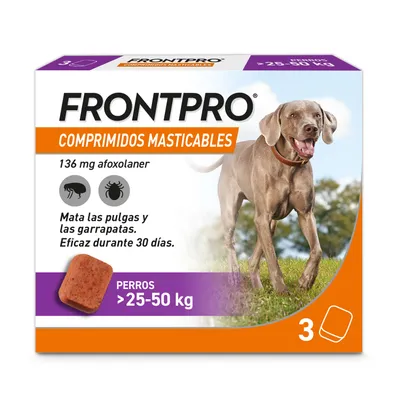 Frontpro comprimidos masticables, 136 mg de afoxolaner. Eficaz contra pulgas y garrapatas para perros de 25-50 kg. Efecto dura 30 días. Paquete con 3 comprimidos.