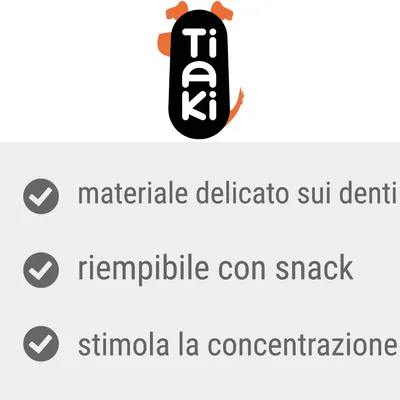 Tiaki. materiale delicato sui denti, riempibile con snack, stimola la concentrazione.