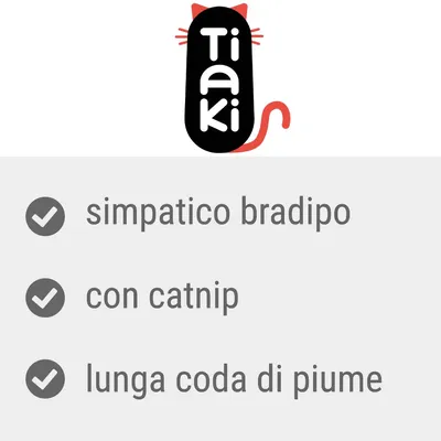 Tiaki, simpatico bradipo, con catnip, lunga coda di piume