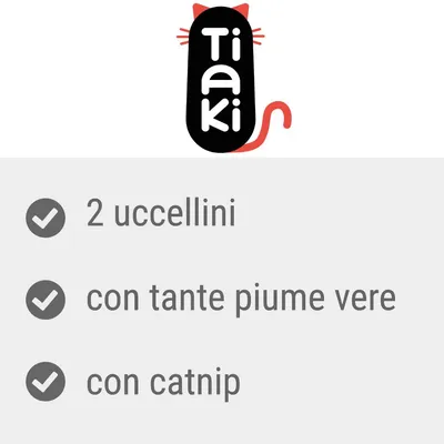 Tiaki. 2 uccellini, con tante piume vere, con catnip.