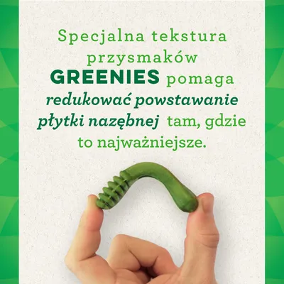 Specjalna tekstura przysmaków GREENIES pomaga redukować powstawanie płytki nazębnej tam, gdzie to najważniejsze.