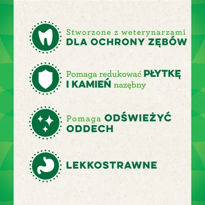 Stworzone z weterynarzami dla ochrony zębów. Pomaga redukować płytkę i kamień nazębny. Pomaga odświeżyć oddech. Lekkostrawne.