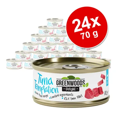 Greenwoods Delight Tuna Temptation, brez žit, omejene sestavine, 75 % fileja tune. Paket 24 pločevink po 70 g.