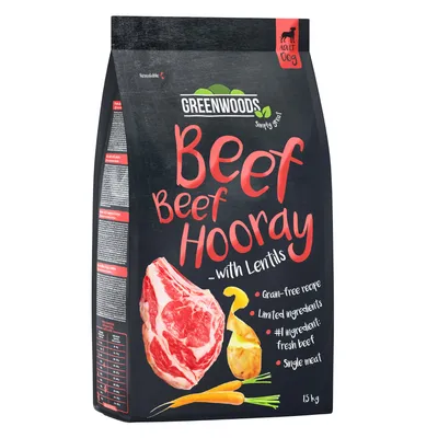 Greenwoods Beef Beef Hooray s šošovicou, bezobilninová receptúra, obmedzené zložky, hlavná zložka čerstvé hovädzie, jedno mäso, 15 kg pre dospelých psov.
