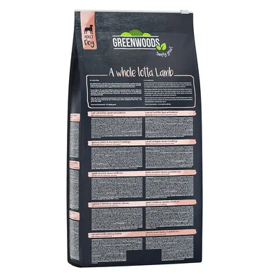 Greenwoods Adult Dog Trockenfutter, Sorte 'A whole lotta Lamb', Verpackung mit detaillierten Produktinformationen und Inhaltsstoffen.
