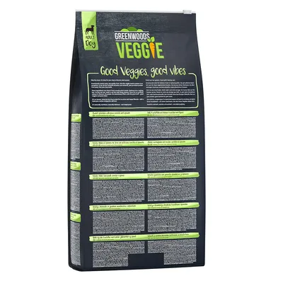 Sac de croquettes GREENWOODS VEGGIE pour chien adulte, texte visible : Good Veggies, good vibes. Informations nutritionnelles et conseils d’alimentation en plusieurs langues.