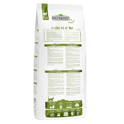 Greenwoods Katzenstreu, pflanzliche Fasern, super saugfähig, langlebig, kompostierbar, PEFC-zertifiziert. Niedrige Staubentwicklung und geruchsbindend.