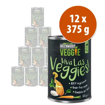 Pack de 12 latas Greenwoods Veggie Viva Las Veggies! 375 g. Texto visible: 100% vegetarian, grain-free recipe, complete pet food, adult dog.