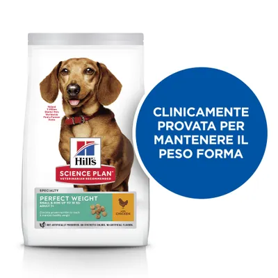 Confezione Hill's Science Plan Perfect Weight Small & Mini con pollo, testo: 'Clinicamente provata per mantenere il peso forma'.