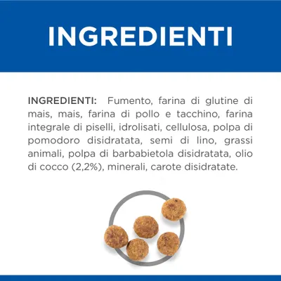 Ingredienti: frumento, farina di glutine di mais, mais, farina di pollo e tacchino, piselli, idrolisati, cellulosa, pomodoro disidratato, lino, grassi animali, barbabietola, olio di cocco 2,2%, minerali, carote.