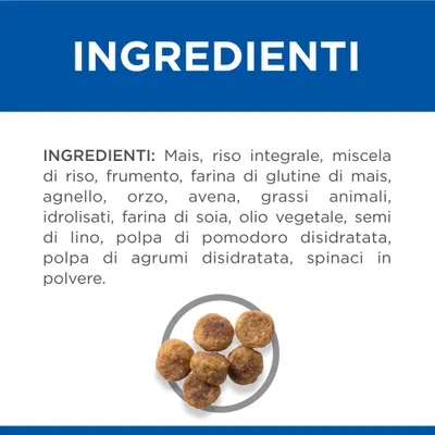 Ingredienti: mais, riso integrale, miscela di riso, frumento, farina di glutine di mais, agnello, orzo, avena, grassi animali, idrolisati, farina di soia, olio vegetale, semi di lino, polpa di pomodoro disidratata, polpa di agrumi disidratata, spinaci in polvere. Crocchette visibili.