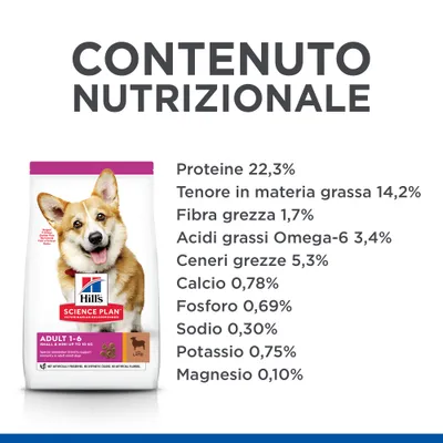 Hill's Science Plan Adult 1-6 Small & Mini, contenuto nutrizionale: proteine 22,3%, grassi 14,2%, fibra 1,7%, Omega-6 3,4%, ceneri 5,3%, calcio 0,78%, fosforo 0,69%, sodio 0,30%, potassio 0,75%, magnesio 0,10%