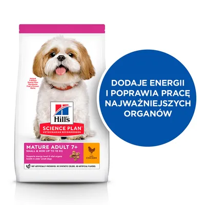 Hill's Science Plan Mature Adult 7+ Small & Mini do 10 kg z kurczakiem. Dodaje energii i poprawia pracę najważniejszych organów. Widoczny pies na opakowaniu.