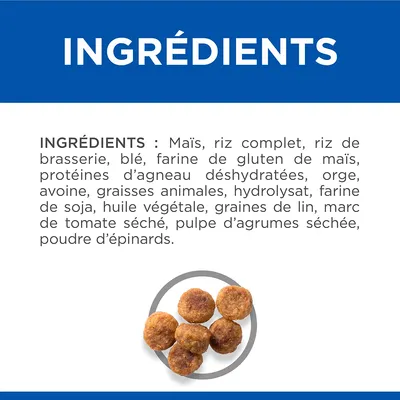 Ingrédients : maïs, riz complet, riz de brasserie, blé, farine de gluten de maïs, protéines d’agneau déshydratées, orge, avoine, graisses animales, hydrolysat, farine de soja, huile végétale.