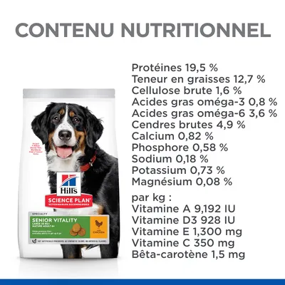 Hill's Science Plan Senior Vitality pour chien, contenu nutritionnel : protéines 19,5 %, graisses 12,7 %, calcium 0,82 %, vitamines A, D3, E, C, bêta-carotène. Voir image pour détails complets.