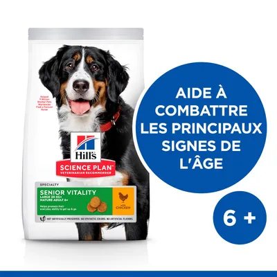 Hill’s Science Plan Senior Vitality Large 25 kg+ Mature Adult 6+, croquettes au poulet. Texte : aide à combattre les principaux signes de l’âge, 6+.