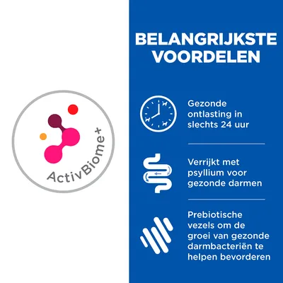 ActivBiome+. Belangrijkste voordelen: Gezonde ontlasting in slechts 24 uur, verrijkt met psyllium voor gezonde darmen, prebiotische vezels bevorderen groei van darmbacteriën.