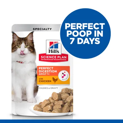 Hill's Science Plan Perfect Digestion Adult 1+ with Chicken, Chunks & Gravy. Tekst: PERFECT POOP IN 7 DAYS. Sadržaj: komadići u umaku, slika mačke.